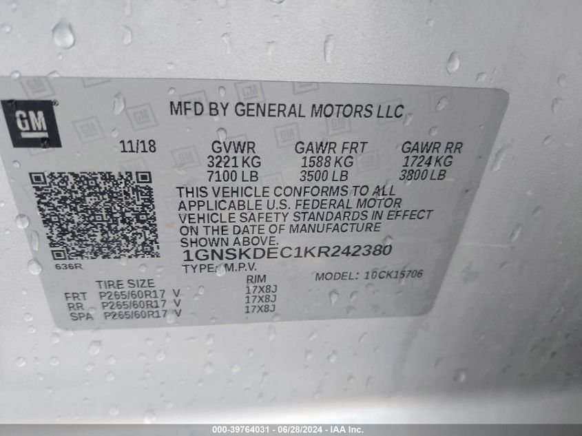 2019 Chevrolet Tahoe Commercial Fleet VIN: 1GNSKDEC1KR242380 Lot: 39764031