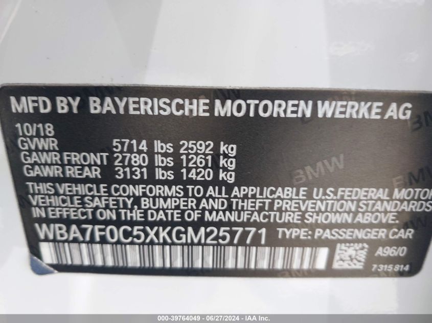 2019 BMW 750I VIN: WBA7F0C5XKGM25771 Lot: 39764049