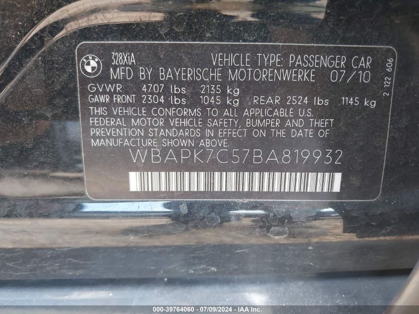 2011 BMW 328 Xi VIN: WBAPK7C57BA819932 Lot: 39764060