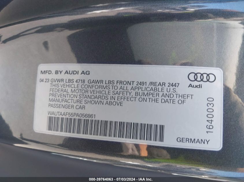 2023 Audi A5 Premium Plus 45 Tfsi S Line Quattro S Tronic VIN: WAUTAAF55PA056861 Lot: 39764063