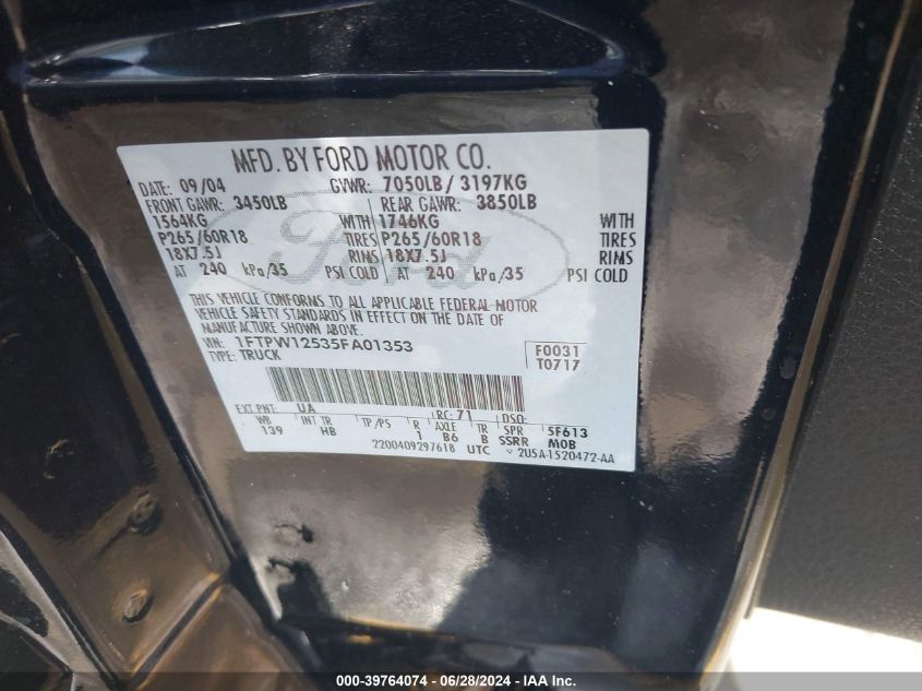 2005 Ford F150 Supercrew VIN: 1FTPW12535FA01353 Lot: 39764074