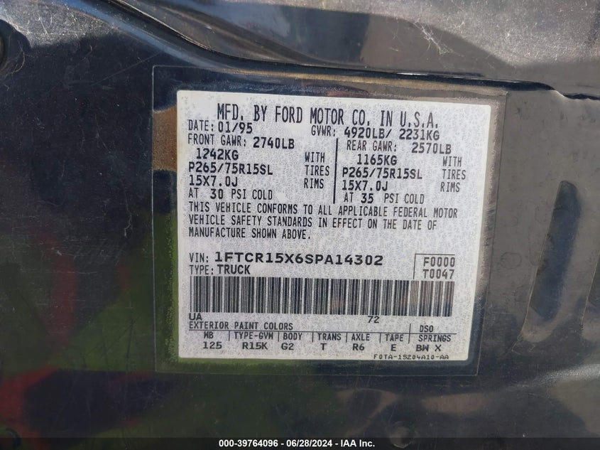 1995 Ford Ranger Super Cab VIN: 1FTCR15X6SPA14302 Lot: 39764096