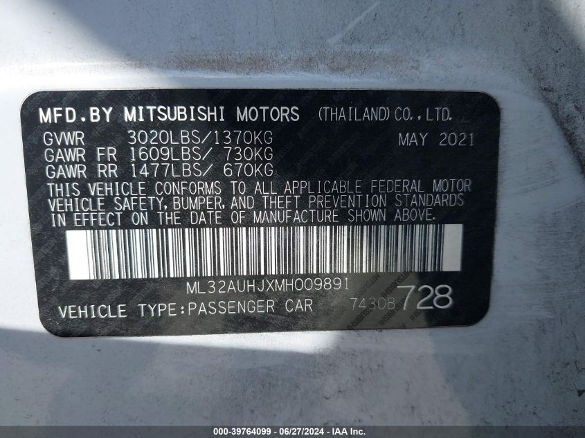 2021 Mitsubishi Mirage Carbonite Edition/Es/Le VIN: ML32AUHJXMH009891 Lot: 39764099