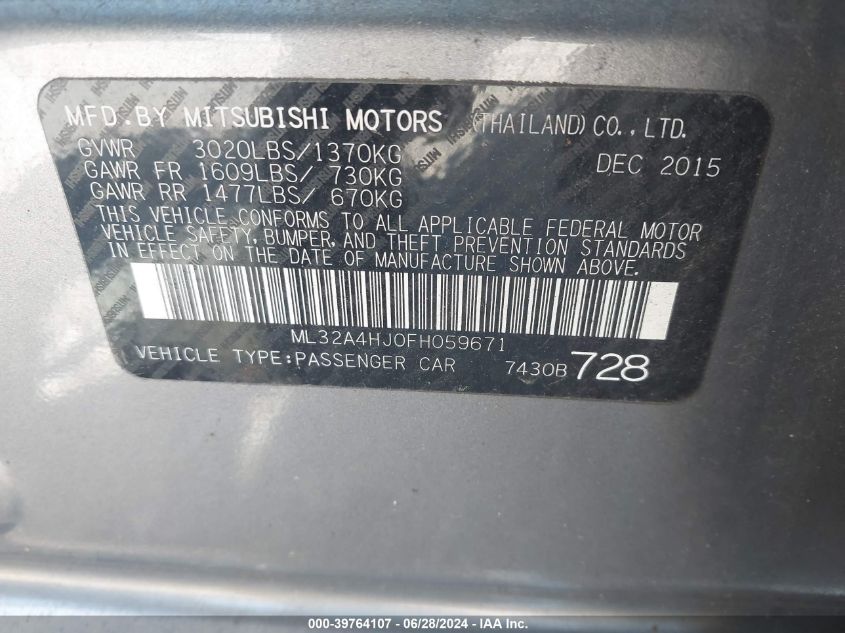 2015 Mitsubishi Mirage Es VIN: ML32A4HJ0FH059671 Lot: 39764107