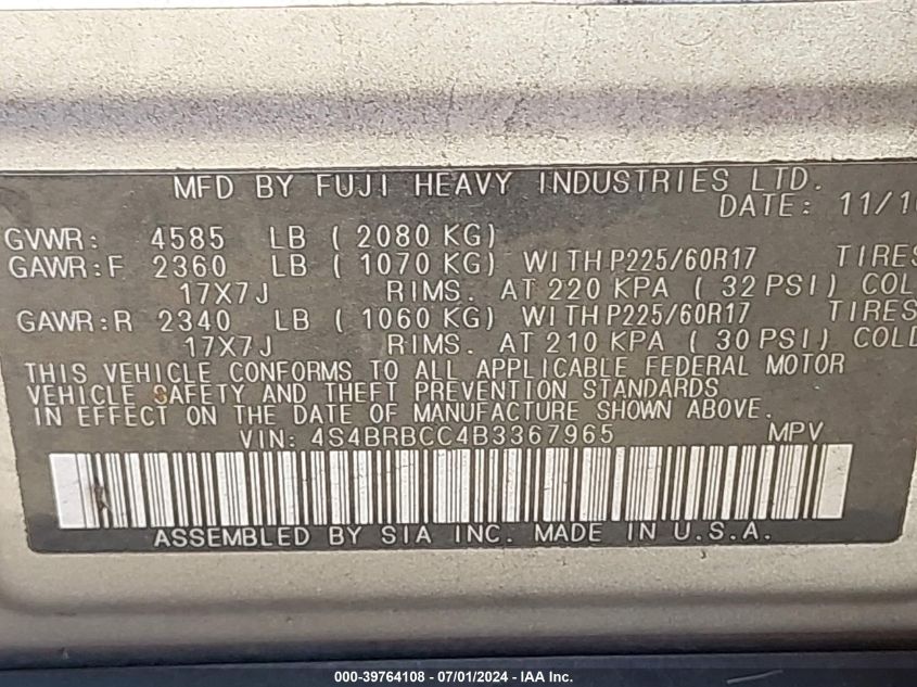 2011 Subaru Outback 2.5I Premium VIN: 4S4BRBCC4B3367965 Lot: 39764108