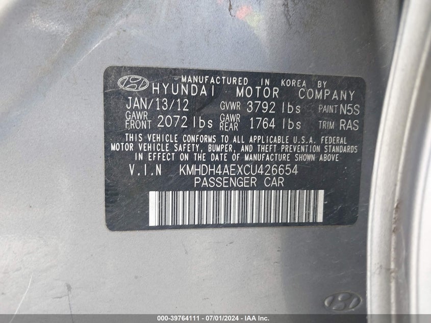 2012 Hyundai Elantra Gls (Ulsan Plant) VIN: KMHDH4AEXCU426654 Lot: 39764111