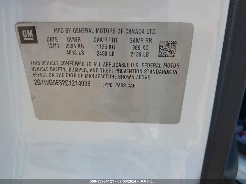 2012 Chevrolet Impala Lt VIN: 2G1WG5E32C1214933 Lot: 39764121