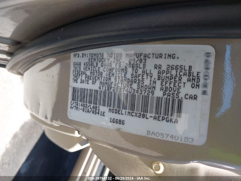 2004 Toyota Avalon Xls VIN: 4T1BF28B74U343729 Lot: 39764132