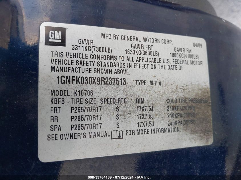 2009 Chevrolet Tahoe Special Services VIN: 1GNFK030X9R237613 Lot: 39764139