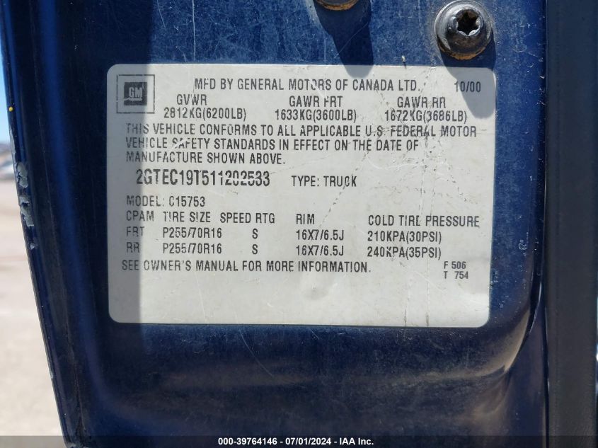 2001 GMC Sierra 1500 Sle VIN: 2GTEC19T511202533 Lot: 39764146