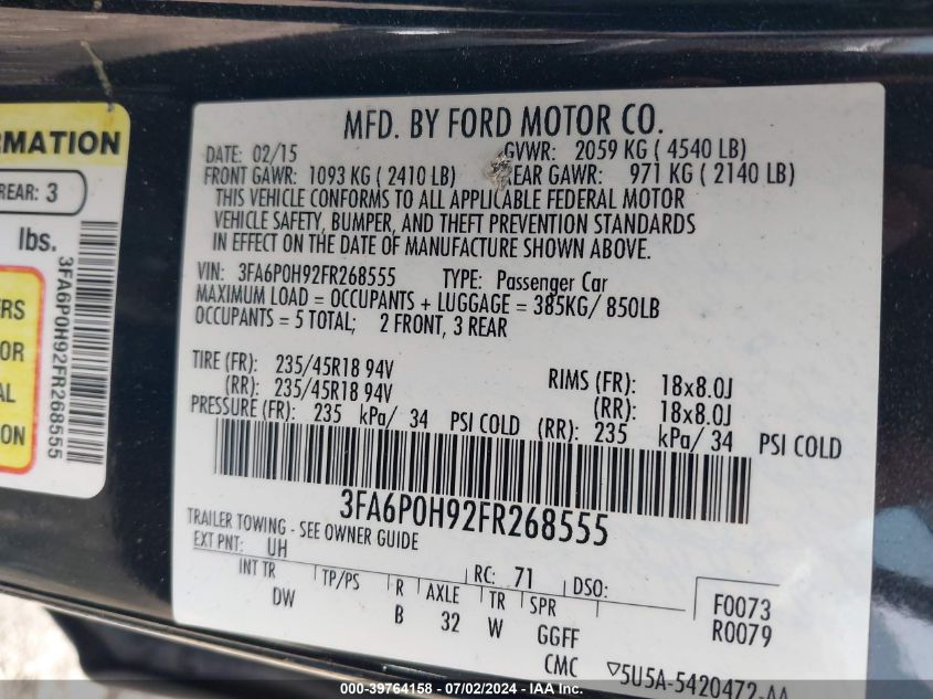 2015 Ford Fusion Se VIN: 3FA6P0H92FR268555 Lot: 39764158