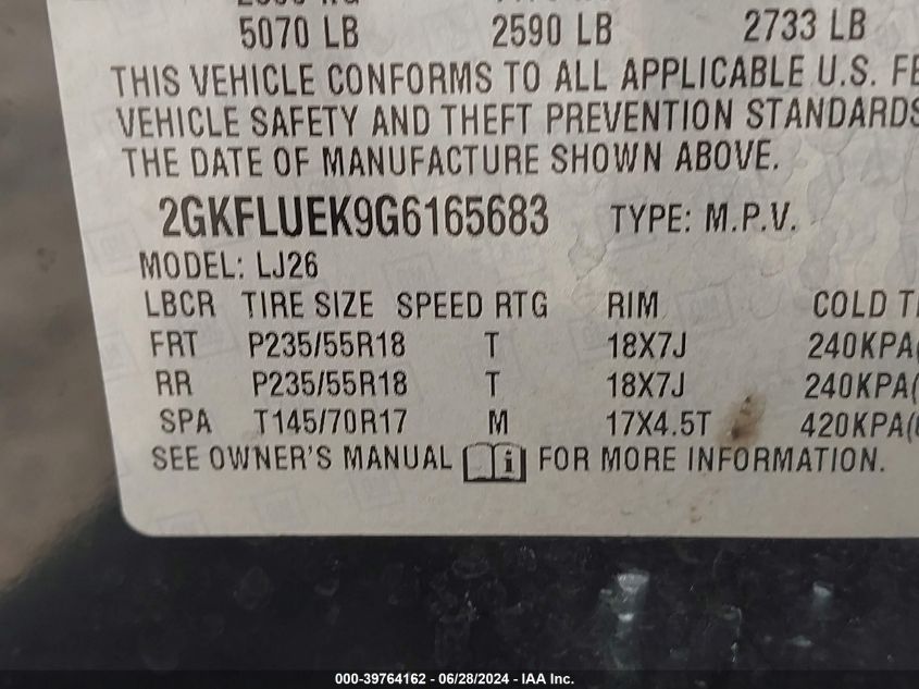 2016 GMC Terrain Slt VIN: 2GKFLUEK9G6165683 Lot: 39764162