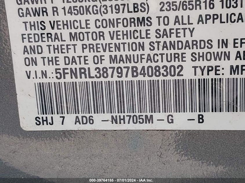 2007 Honda Odyssey Ex-L VIN: 5FNRL38797B408302 Lot: 39764185