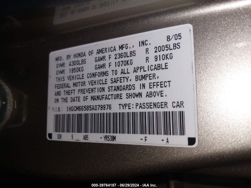 2005 Honda Accord 3.0 Ex VIN: 1HGCM66585A079976 Lot: 39764187