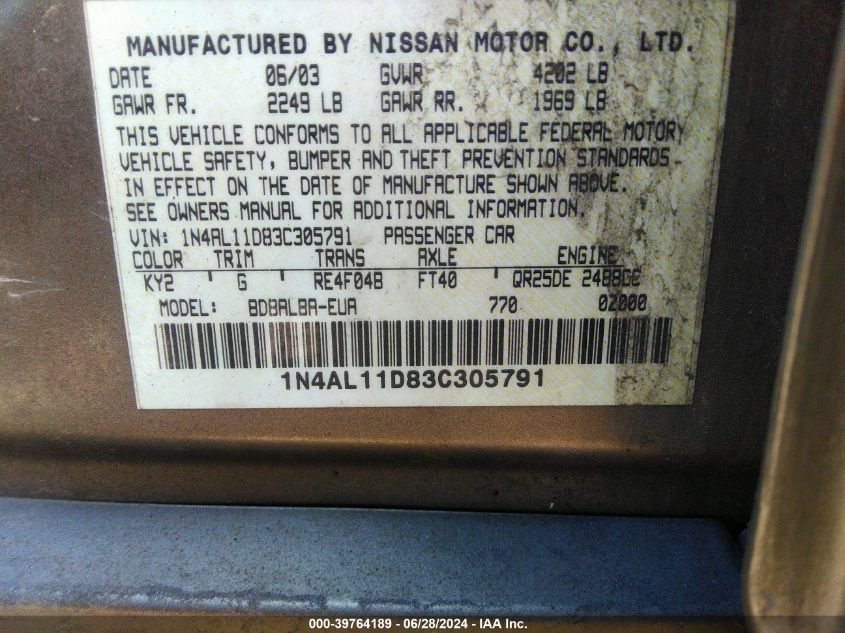 2003 Nissan Altima 2.5 S VIN: 1N4AL11D83C305791 Lot: 39764189