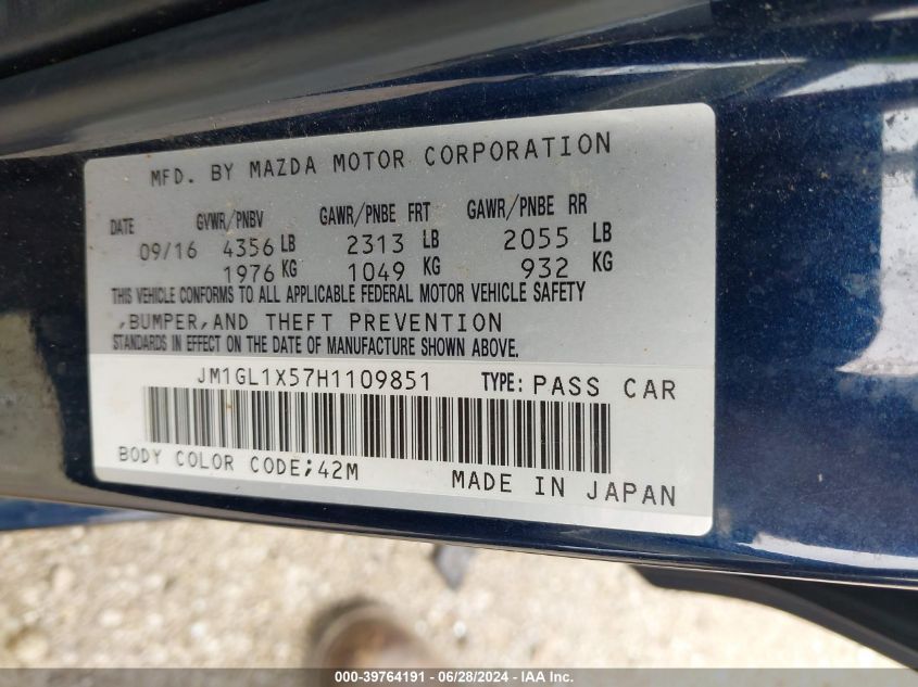 2017 Mazda Mazda6 Grand Touring VIN: JM1GL1X57H1109851 Lot: 39764191