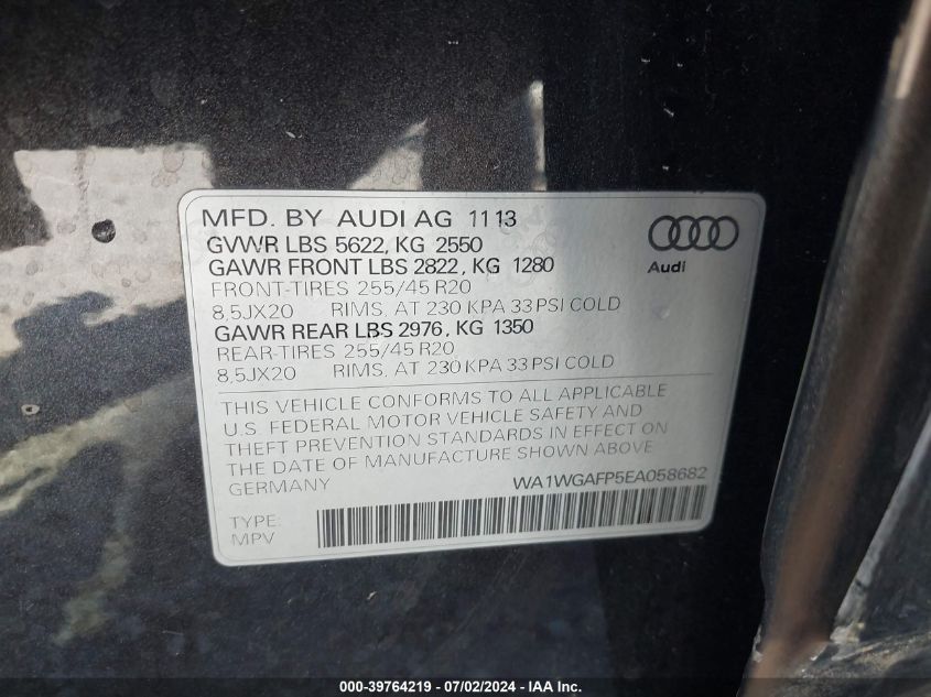 2014 Audi Q5 3.0T Premium Plus VIN: WA1WGAFP5EA058682 Lot: 39764219