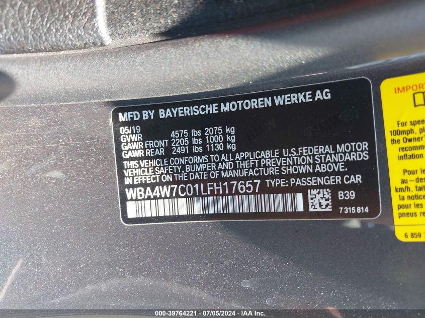 2020 BMW 440I VIN: WBA4W7C01LFH17657 Lot: 39764221