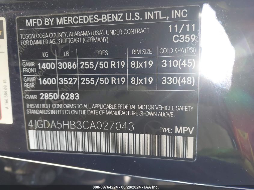 2012 Mercedes-Benz Ml 350 4Matic VIN: 4JGDA5HB3CA027043 Lot: 39764224