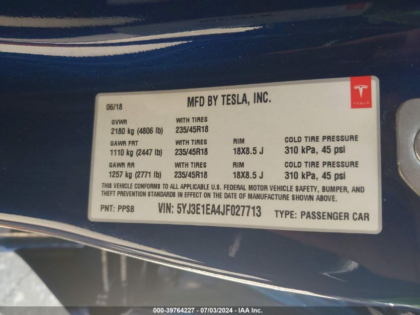 2018 Tesla Model 3 Long Range/Mid Range VIN: 5YJ3E1EA4JF027713 Lot: 39764227