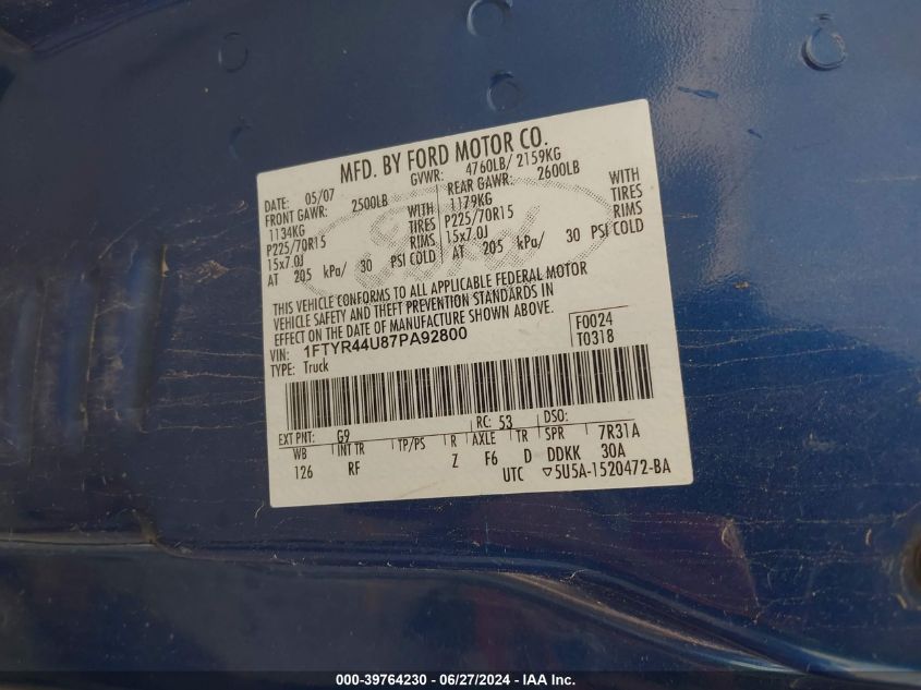 2007 Ford Ranger Sport/Stx/Xlt VIN: 1FTYR44U87PA92800 Lot: 39764230