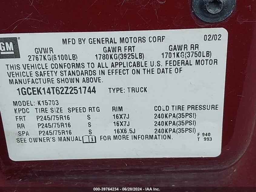 2002 Chevrolet Silverado K1500 VIN: 1GCEK14T62Z251744 Lot: 39764234