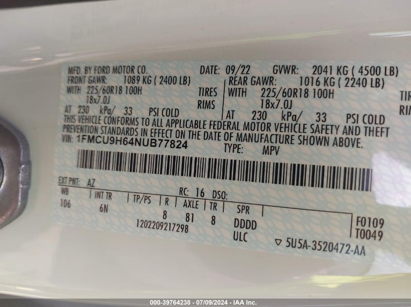 2022 Ford Escape Sel VIN: 1FMCU9H64NUB77824 Lot: 39764238