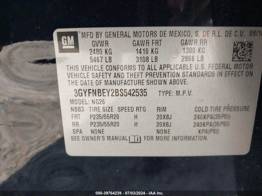 2011 Cadillac Srx Performance Collection VIN: 3GYFNBEY2BS542535 Lot: 39764239