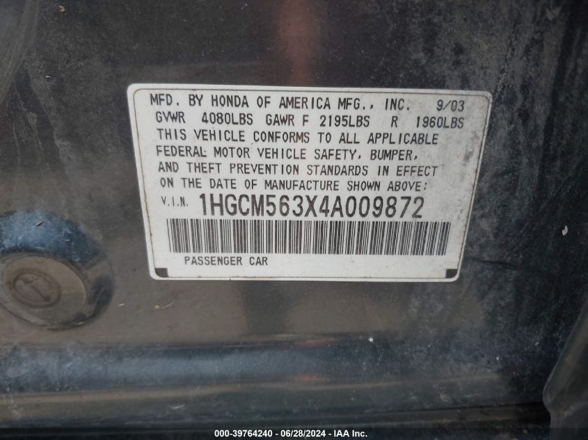 2004 Honda Accord 2.4 Lx VIN: 1HGCM563X4A009872 Lot: 39764240