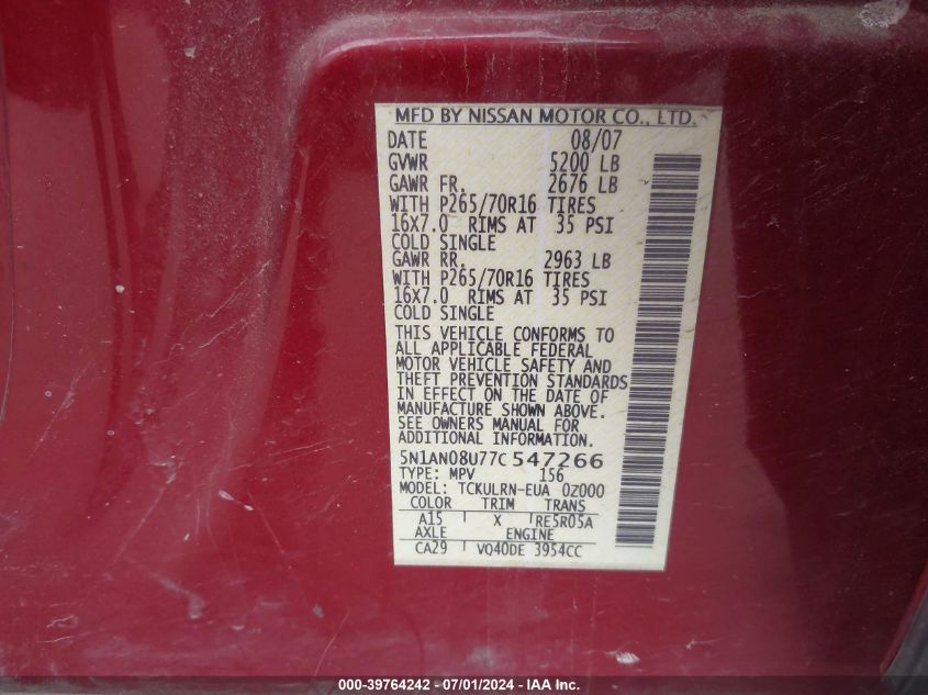 2007 Nissan Xterra S VIN: 5N1AN08U77C547266 Lot: 39764242