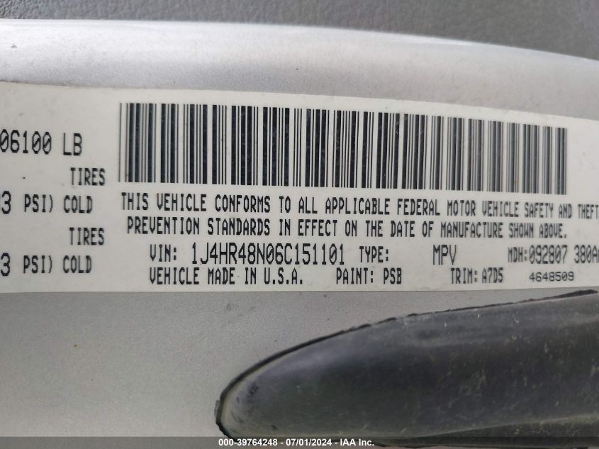 2006 Jeep Grand Cherokee Laredo VIN: 1J4HR48N06C151101 Lot: 39764248