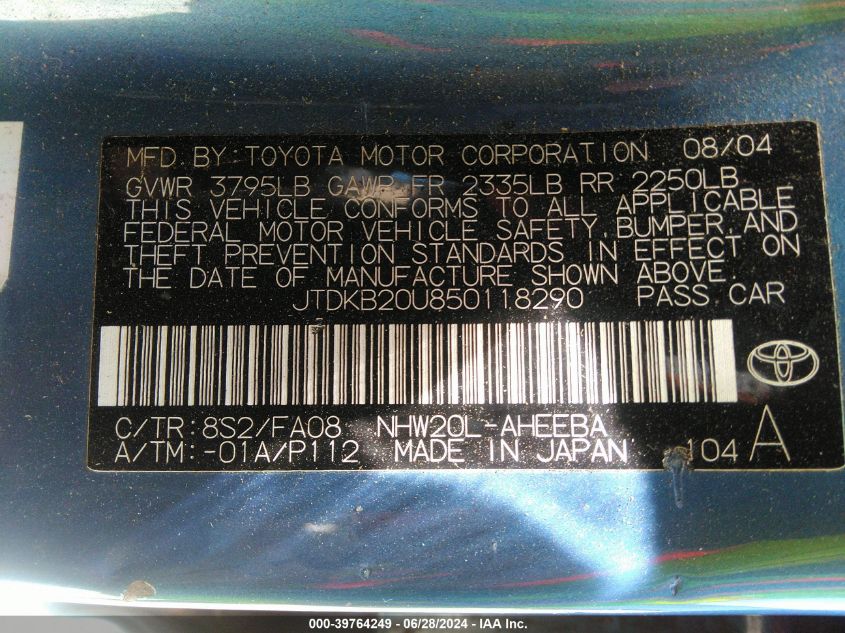 2005 Toyota Prius VIN: JTDKB20U850118290 Lot: 39764249