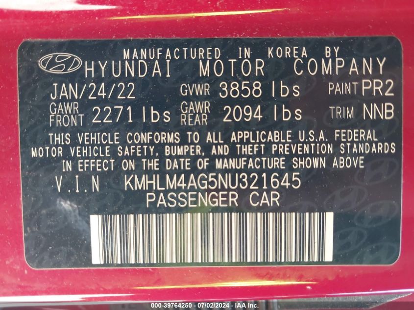 2022 Hyundai Elantra Sel VIN: KMHLM4AG5NU321645 Lot: 39764250
