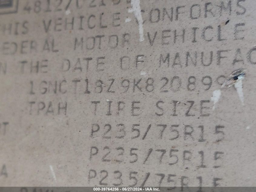 1989 Chevrolet Blazer S10 VIN: 1GNCT18Z9K8208998 Lot: 39764256