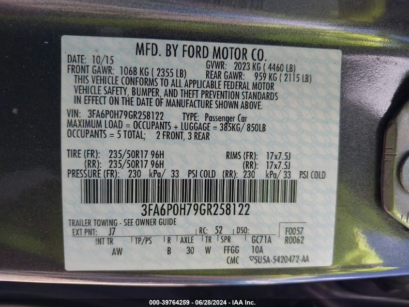 2016 Ford Fusion Se VIN: 3FA6P0H79GR258122 Lot: 39764259