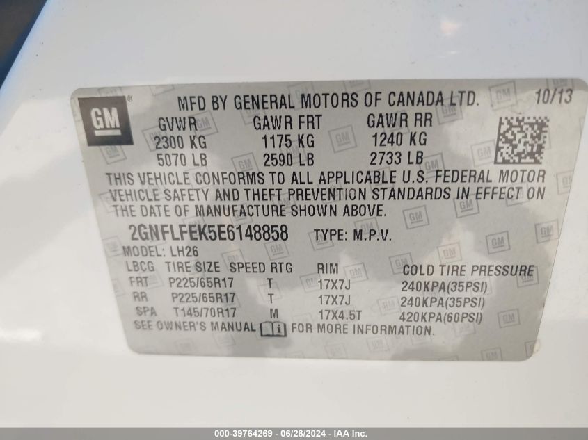 2GNFLFEK5E6148858 2014 Chevrolet Equinox 1Lt