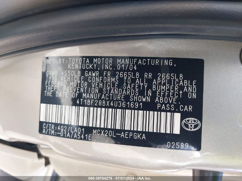 2004 Toyota Avalon Xls VIN: 4T1BF28BX4U361691 Lot: 39764278