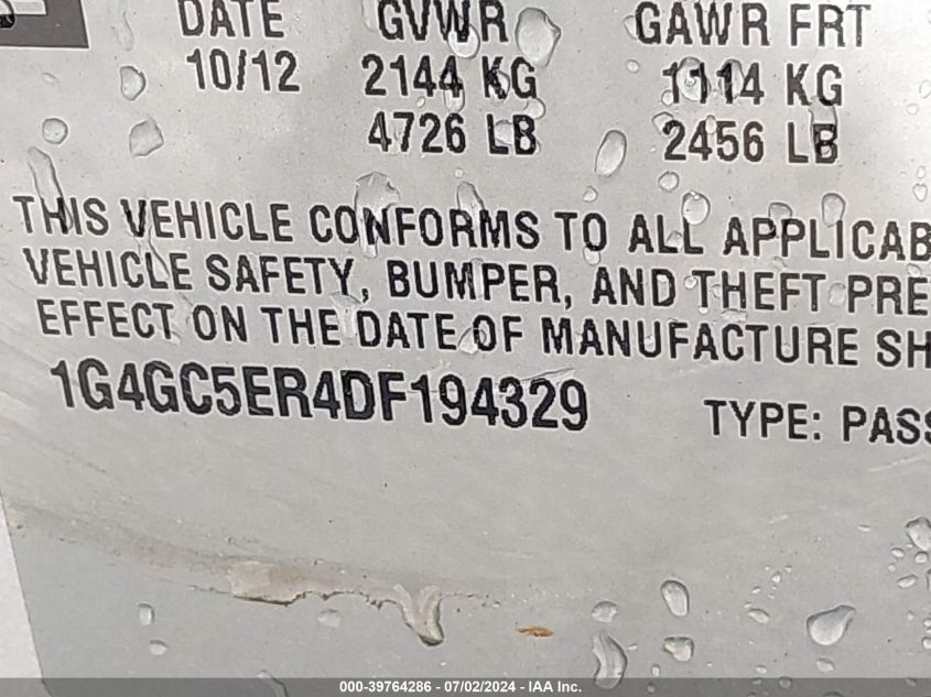 2013 Buick Lacrosse Leather Group VIN: 1G4GC5ER4DF194329 Lot: 39764286