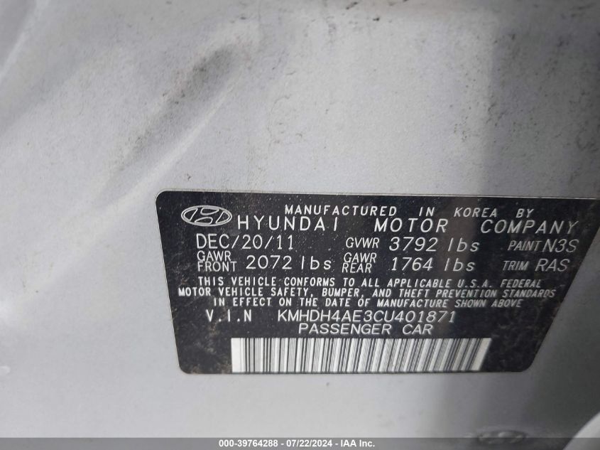 2012 Hyundai Elantra Gls (Ulsan Plant) VIN: KMHDH4AE3CU401871 Lot: 39764288