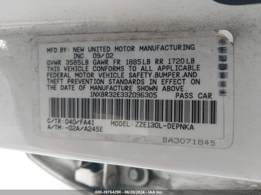 2003 Toyota Corolla Le VIN: 1NXBR32E33Z096305 Lot: 39764290