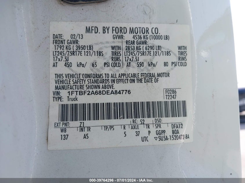 2013 Ford F-250 Xl VIN: 1FTBF2A68DEA84776 Lot: 39764296