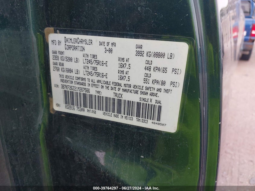 2001 Dodge Ram 2500 St VIN: 3B7KF26Z21M267566 Lot: 39764297