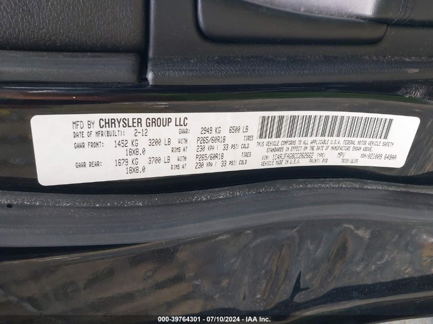 2012 Jeep Grand Cherokee Laredo VIN: 1C4RJFAG8CC262662 Lot: 39764301