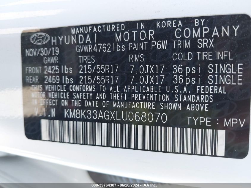 2020 Hyundai Kona Electric Limited VIN: KM8K33AGXLU068070 Lot: 39764307