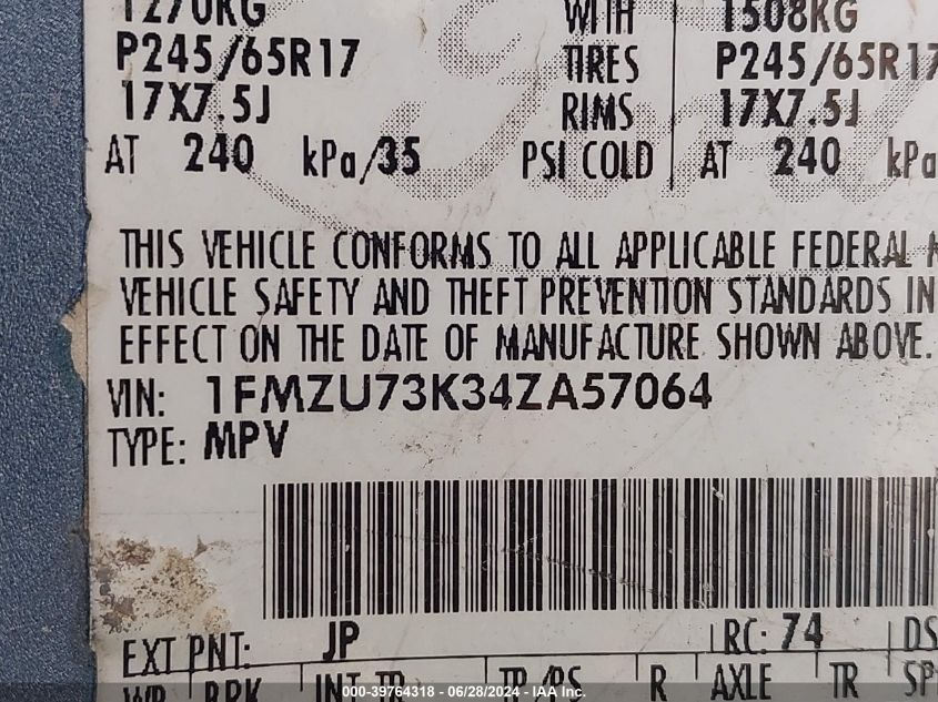 2004 Ford Explorer Nbx/Xlt VIN: 1FMZU73K34ZA57064 Lot: 39764318