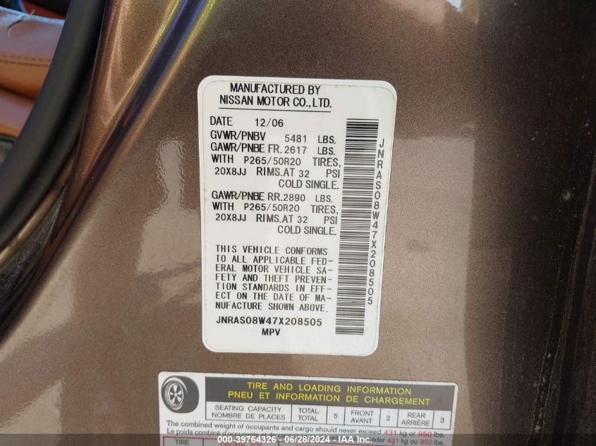 2007 Infiniti Fx35 VIN: JNRAS08W47X208505 Lot: 39764326