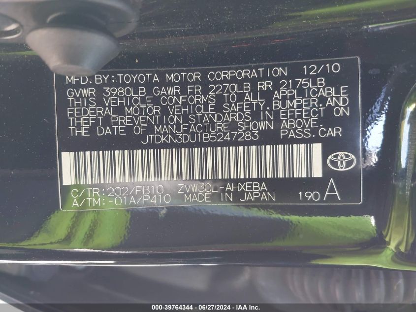 2011 Toyota Prius Two VIN: JTDKN3DU1B5247283 Lot: 39764344