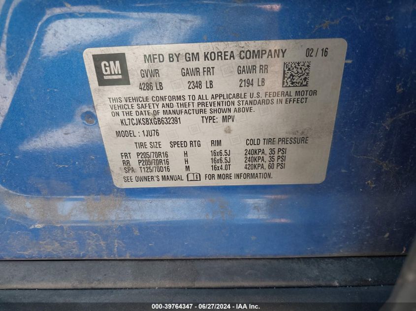 2016 Chevrolet Trax 1Ls VIN: KL7CJKSBXGB632391 Lot: 39764347