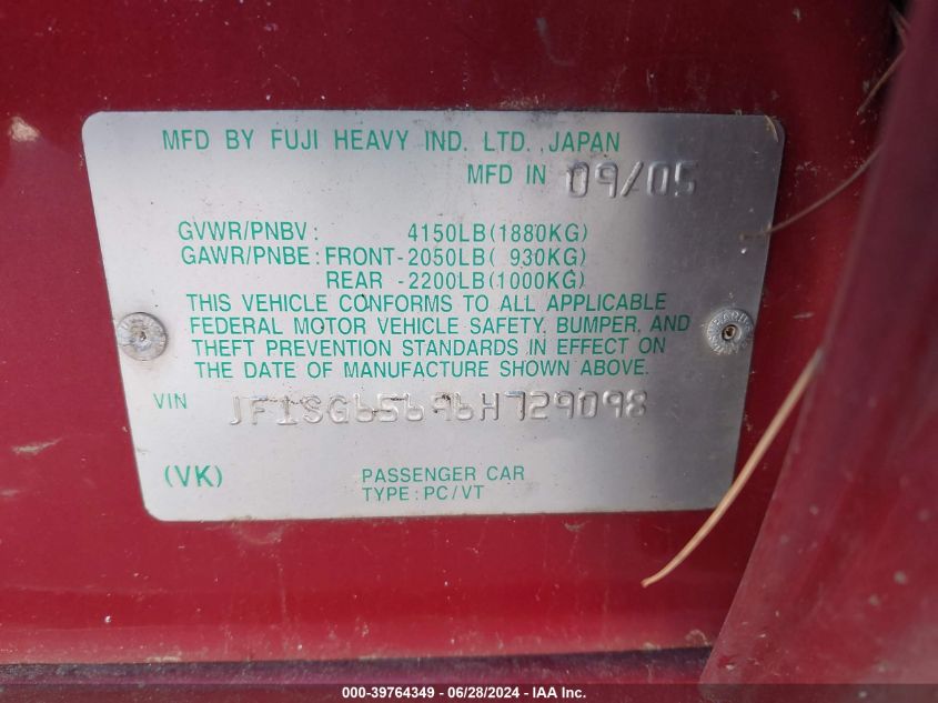 2006 Subaru Forester 2.5X VIN: JF1SG65696H729098 Lot: 39764349