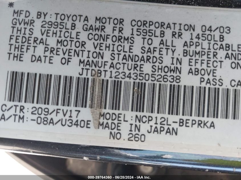 2003 Toyota Echo VIN: JTDBT123435052638 Lot: 39764360